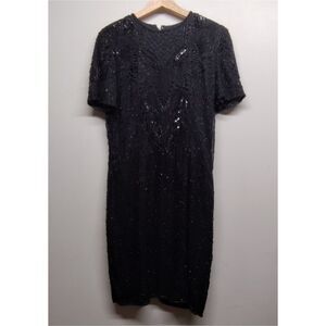 AP Ltd Vintage Mini Dress Women 8 Black Silk Beaded 80's Old Holywood Glam Retro
